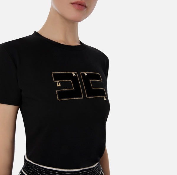 T-shirt in cotone con logo in velluto MA00236E2 Elisabetta Franchi