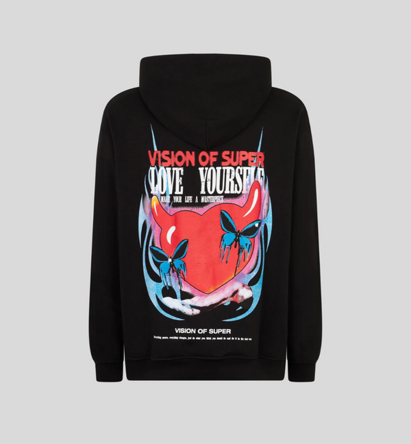 black hoodie with puffy love vision