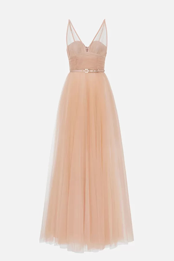 Red carpet dress in tulle with belt AB46432E2 Elisabetta Franchi