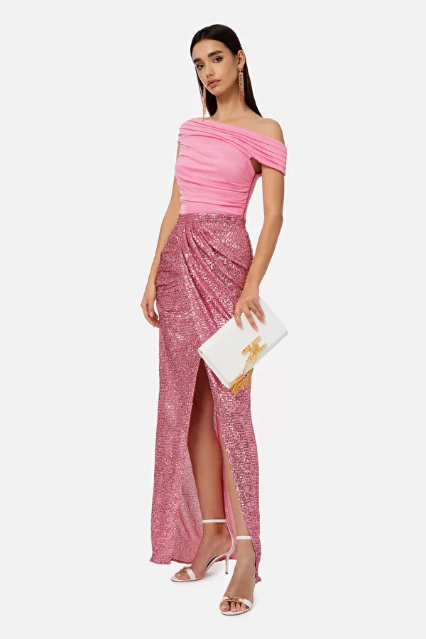 Red carpet dress with sequined top and skirt AB36032E2 Elisabetta Franchi 